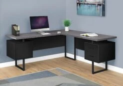 71" Ultra-Modern L-Shaped Desk With 3 Drawers In Gray & Black