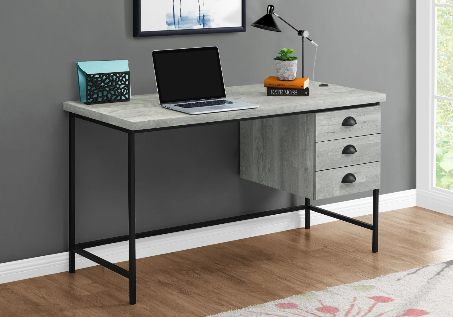 55" Gray Reclaimed Wood Desk With Suspended Cabinet 1 55" Gray Reclaimed Wood Desk With Suspended Cabinet