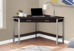 42" Espresso And Silver Corner Desk
