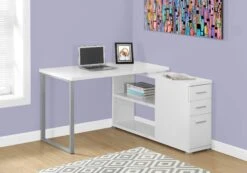 Modern White L-Shaped Desk With Drawers & Shelving