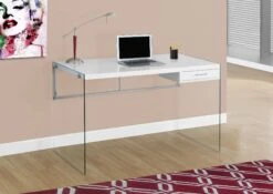 48" Glossy White Office Desk With Glass Legs