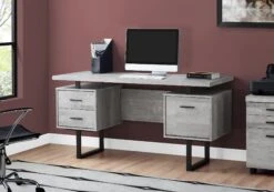 Trendy Gray Wood Grain Office Desk W/ Black Metal Accents