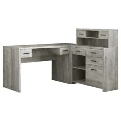 63" Gray Woodgrain L-Shaped Office Desk & Storage Area In One