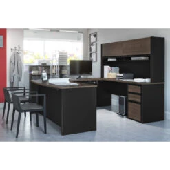 71" Executive U-Shaped Desk With File Drawers And Hutch In Antigua And Black