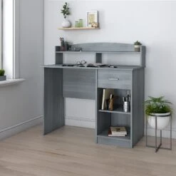 41" Desk With Raised Shelf & Underdesk Storage In Gray