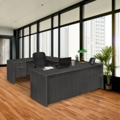 Premium Ash Gray U-shaped Desk With Locking Pedestal & Wire Management