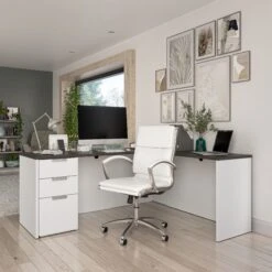 Modern White & Deep Gray L-shaped Desk With Drawers