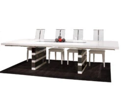 White Lacquer Conference Table With Inlaid Glass & Gray Mirrored Legs