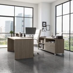 Modern Bark Gray U-shaped Desk With Built-in Storage