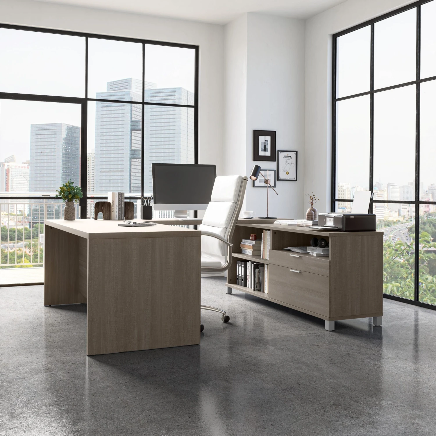 Modern Bark Gray U-shaped Desk With Built-in Storage 1 Modern Bark Gray U-shaped Desk With Built-in Storage