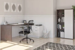 71" Bark Gray And White Modern L-Desk Set With Credenza And Cabinet