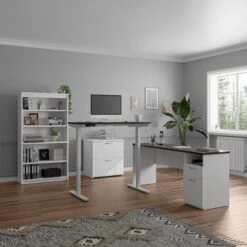 72" L-Shaped Adjustable 3-Piece Desk Set In Slate And White