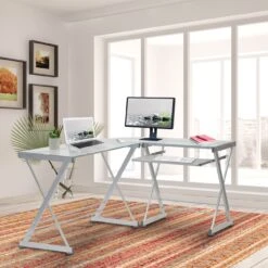 62" Glass L-Shaped Desk With Keyboard Tray