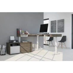 71" Programmable Standing Desk In Walnut Gray And White With Credenza