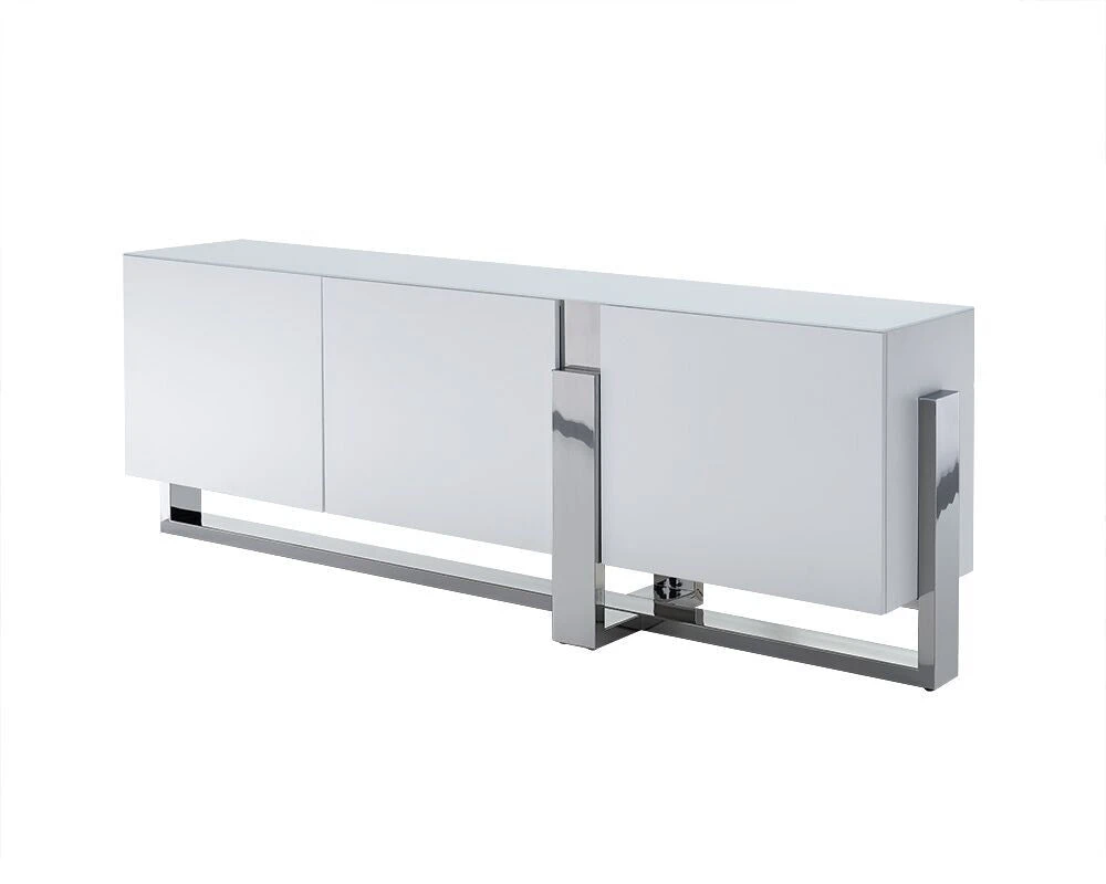 91" Elegant White Storage Credenza W/ Stainless Steel Accents 1 91" Elegant White Storage Credenza W/ Stainless Steel Accents