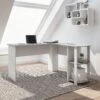 54" L-Desk In White & Gray With Built-in Bookshelf