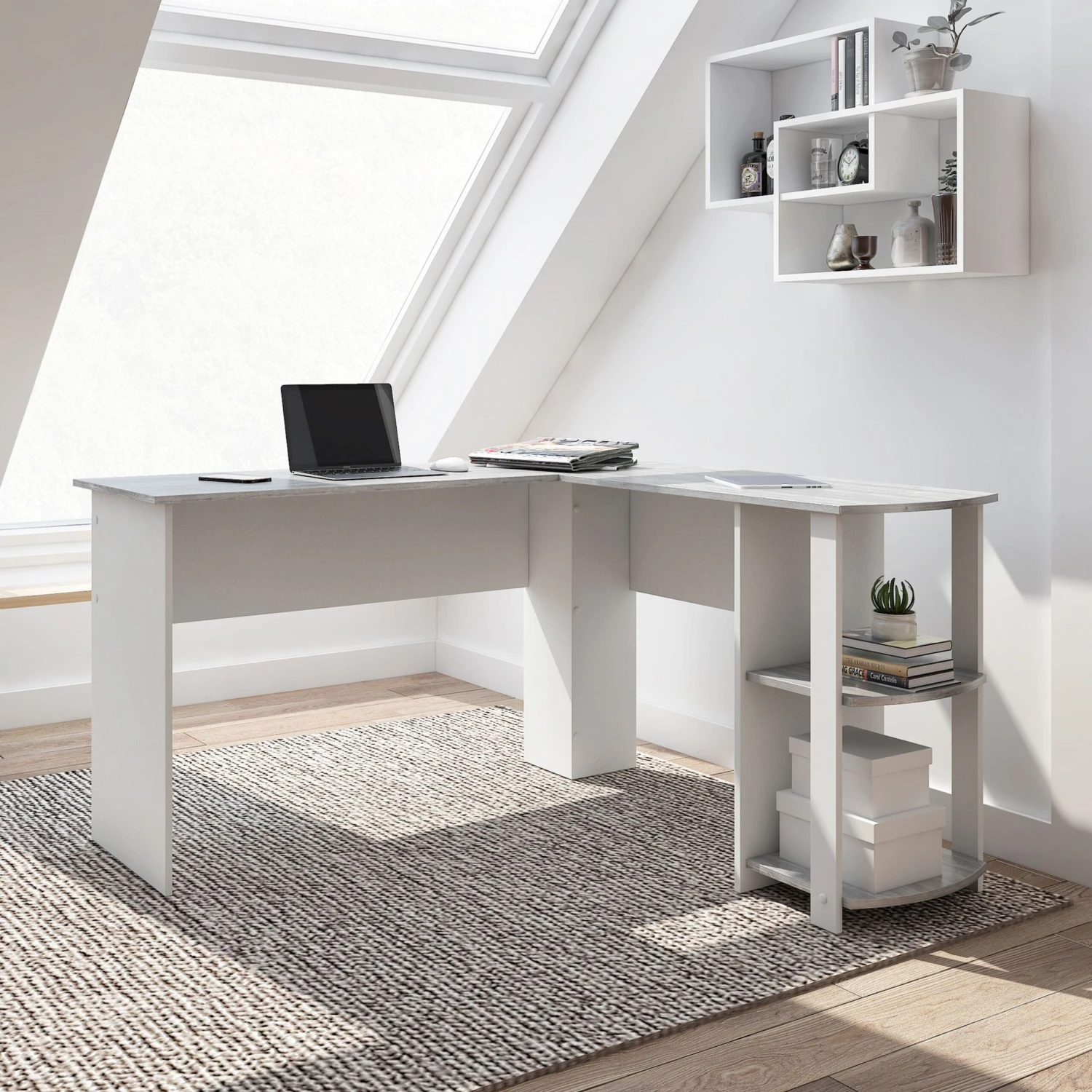 54" L-Desk In White & Gray With Built-in Bookshelf 1 54" L-Desk In White & Gray With Built-in Bookshelf