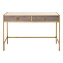 Star 49" Brushed Gold & Faux Shagreen Resin Desk With Glass Top