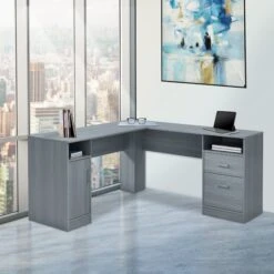 60" Gray L-Desk With Dual Cabinets
