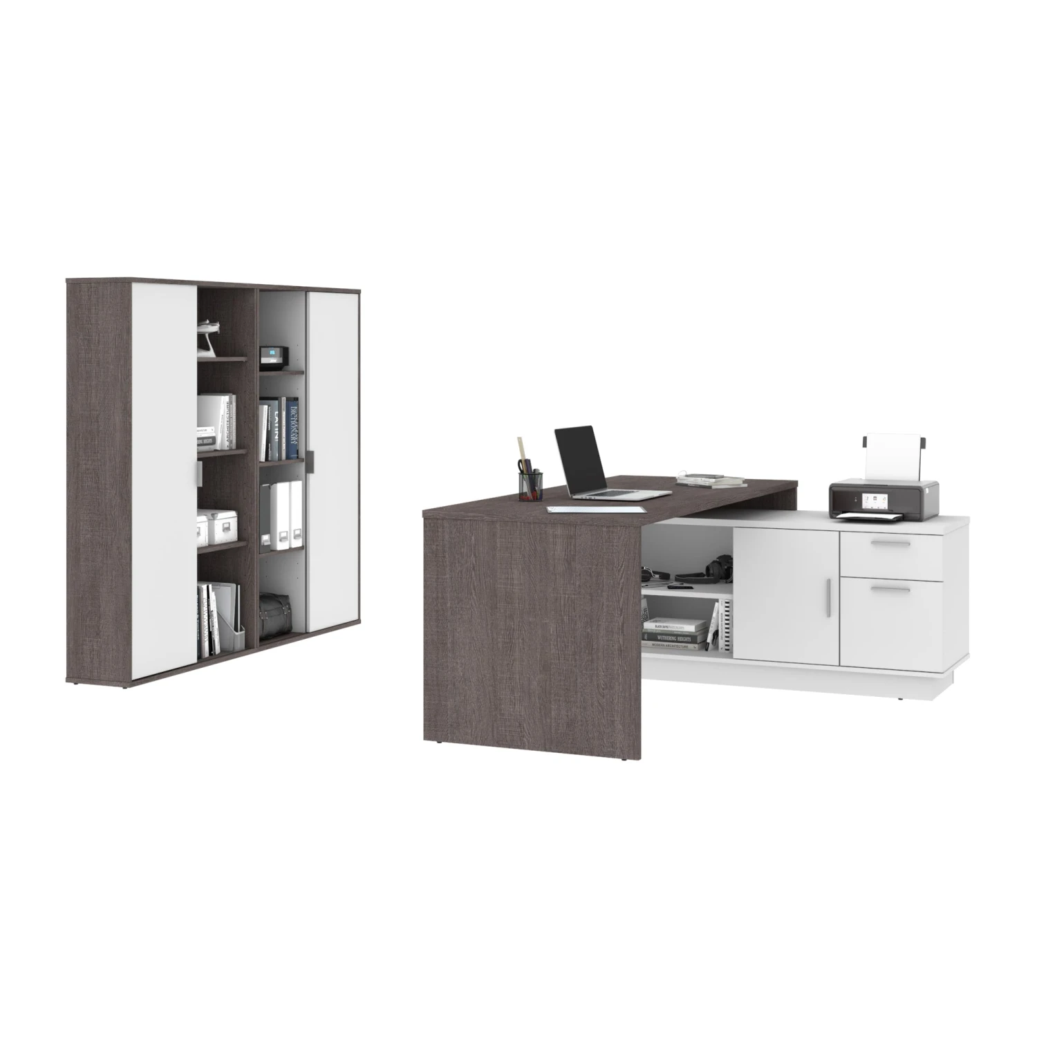 72" L-Shaped Executive Desk With Storage Cabinets In Bark Gray & White 2 72" L-Shaped Executive Desk With Storage Cabinets In Bark Gray & White - Image 2