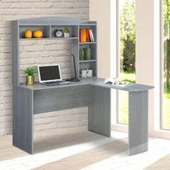 47" Gray Modern L-Desk With Hutch