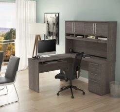 60" L-Shaped Desk With Hutch And Extra Storage In Bark Gray