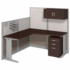 65" L-Shaped Cubicle Workstation With Storage In Mocha Cherry