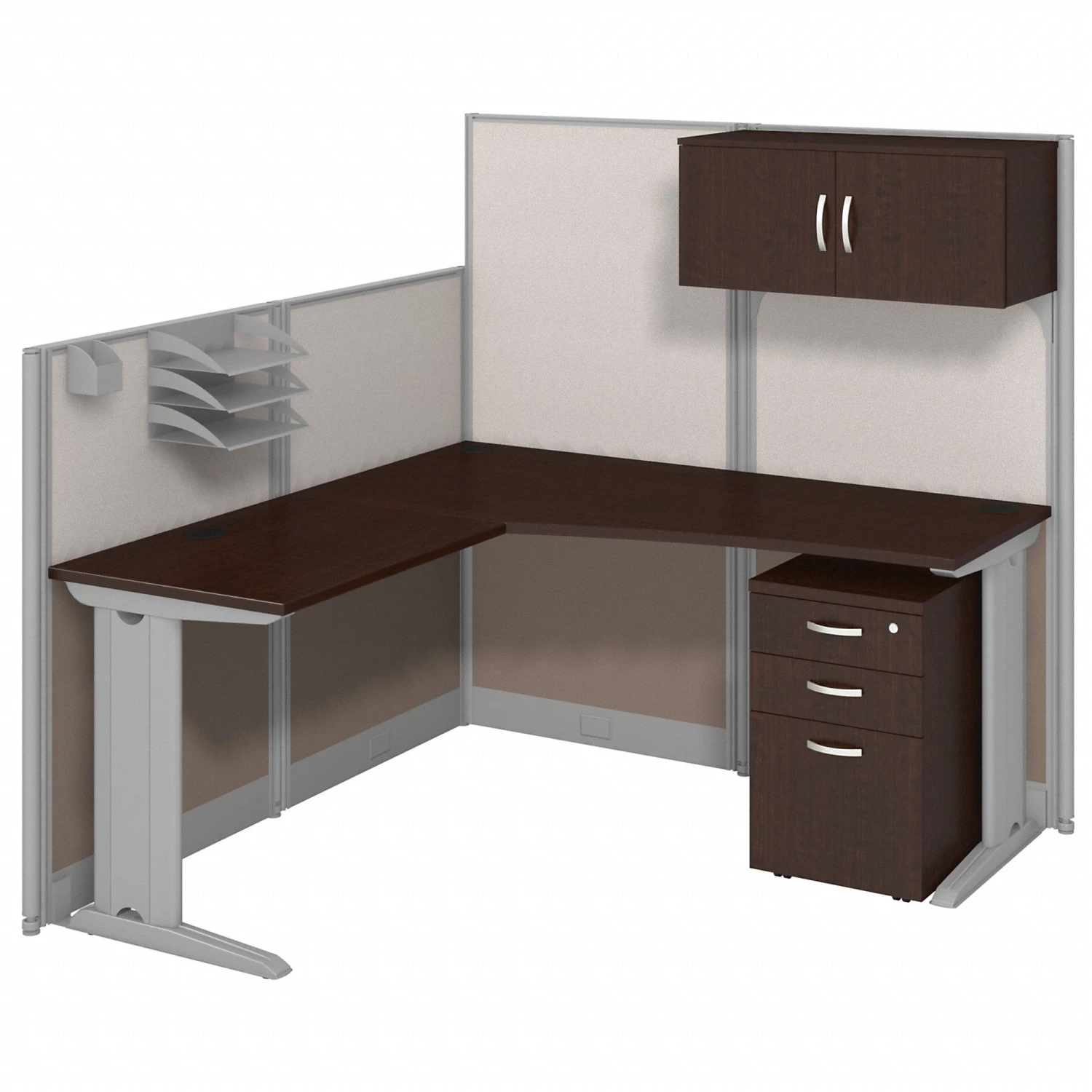 65" L-Shaped Cubicle Workstation With Storage In Mocha Cherry 1 65" L-Shaped Cubicle Workstation With Storage In Mocha Cherry