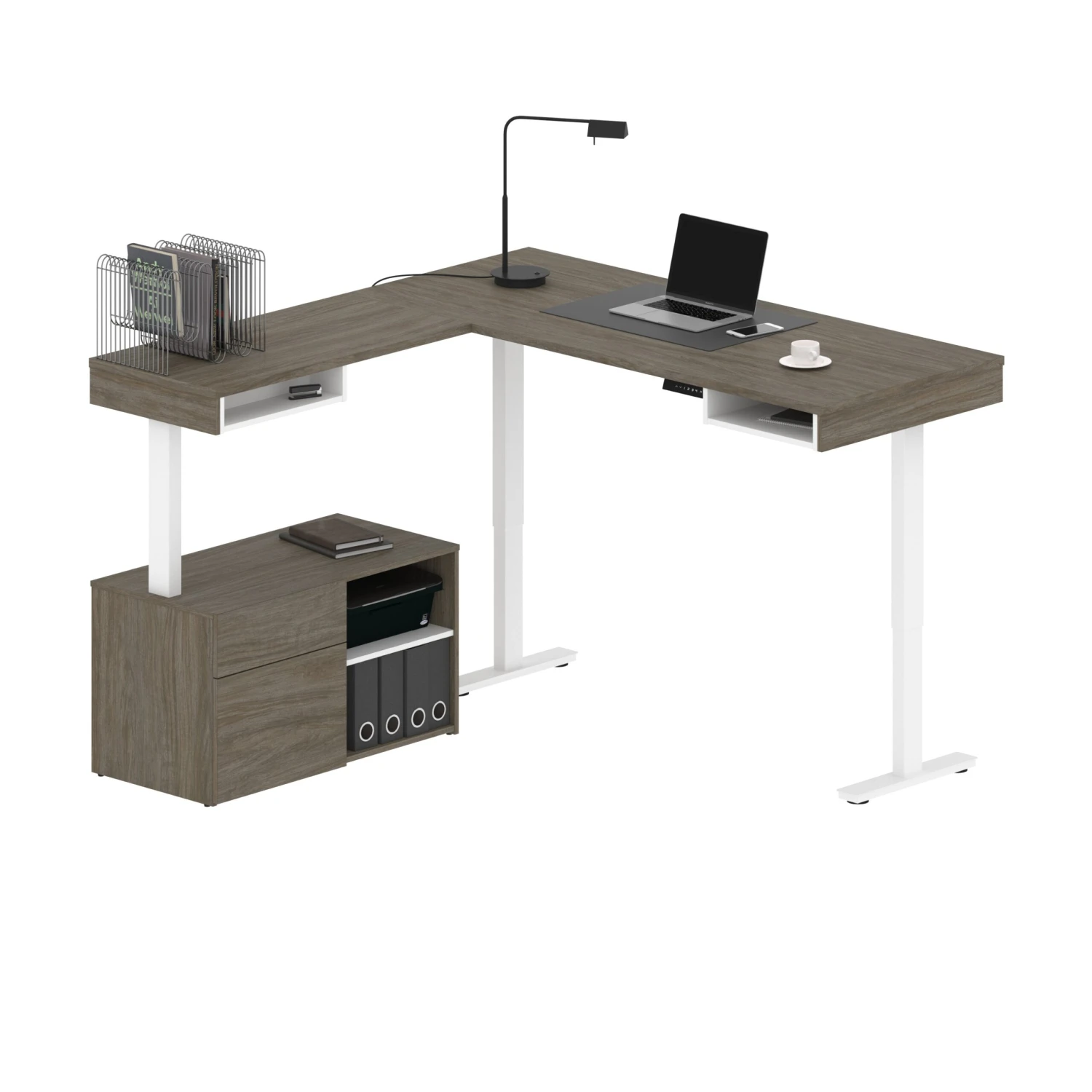 72" L-Shaped Adjustable Ergonomic Desk With Small Credenza In Walnut Gray 2 72" L-Shaped Adjustable Ergonomic Desk With Small Credenza In Walnut Gray - Image 2