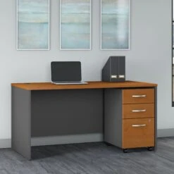 Natural Cherry & Graphite Gray 60" Premium Office Desk With Mobile Pedestal