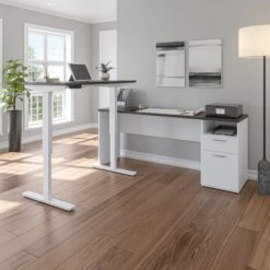 71" Adjustable L-Desk With Filing Area In Deep Gray & White