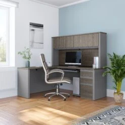 L-shaped Desk With Hutch In Modern Bark Gray And Slate