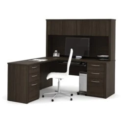 66" Premium L-shaped Desk With Hutch In Dark Chocolate