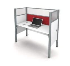 White 62" Premium Desk With 55" Privacy Panel & Red Tack Board