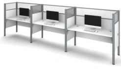 Premium White Three-Desk Workstation With 55" Privacy Panels