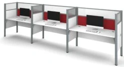 White Triple Workstation With 55" Privacy Panel & Red Tack Board