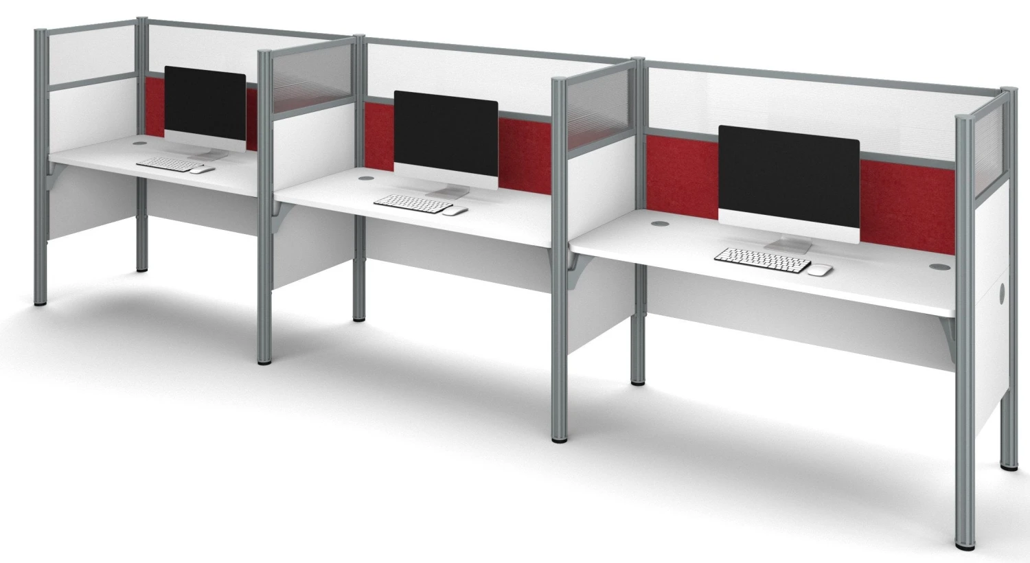 White Triple Workstation With 55" Privacy Panel & Red Tack Board 1 White Triple Workstation With 55" Privacy Panel & Red Tack Board