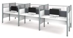 White Six-Desk Workstation With 55" Privacy Panel & Gray Tack Board