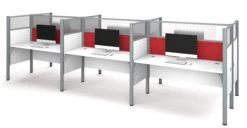 White Six-Desk Workstation With 55" Privacy Panel & Red Tack Board