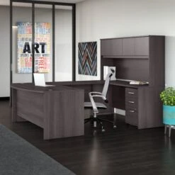 Modern Storm Gray U-shaped Desk With Hutch & Mobile File