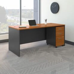 72" Office Desk With 3-Drawer Mobile File In Natural Cherry