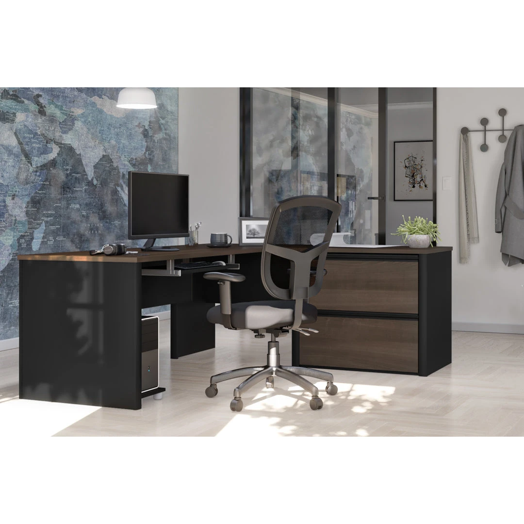 71" X 83" L-Shaped Desk With Oversized File Drawers In Antigua And Black 1 71" X 83" L-Shaped Desk With Oversized File Drawers In Antigua And Black