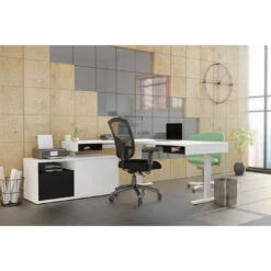 71" Adjustable Standing Desk In Black & White With Credenza