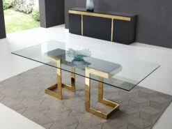 87" Glass Desk Or Conference Table With Black Lacquer & Gold Stainless Base