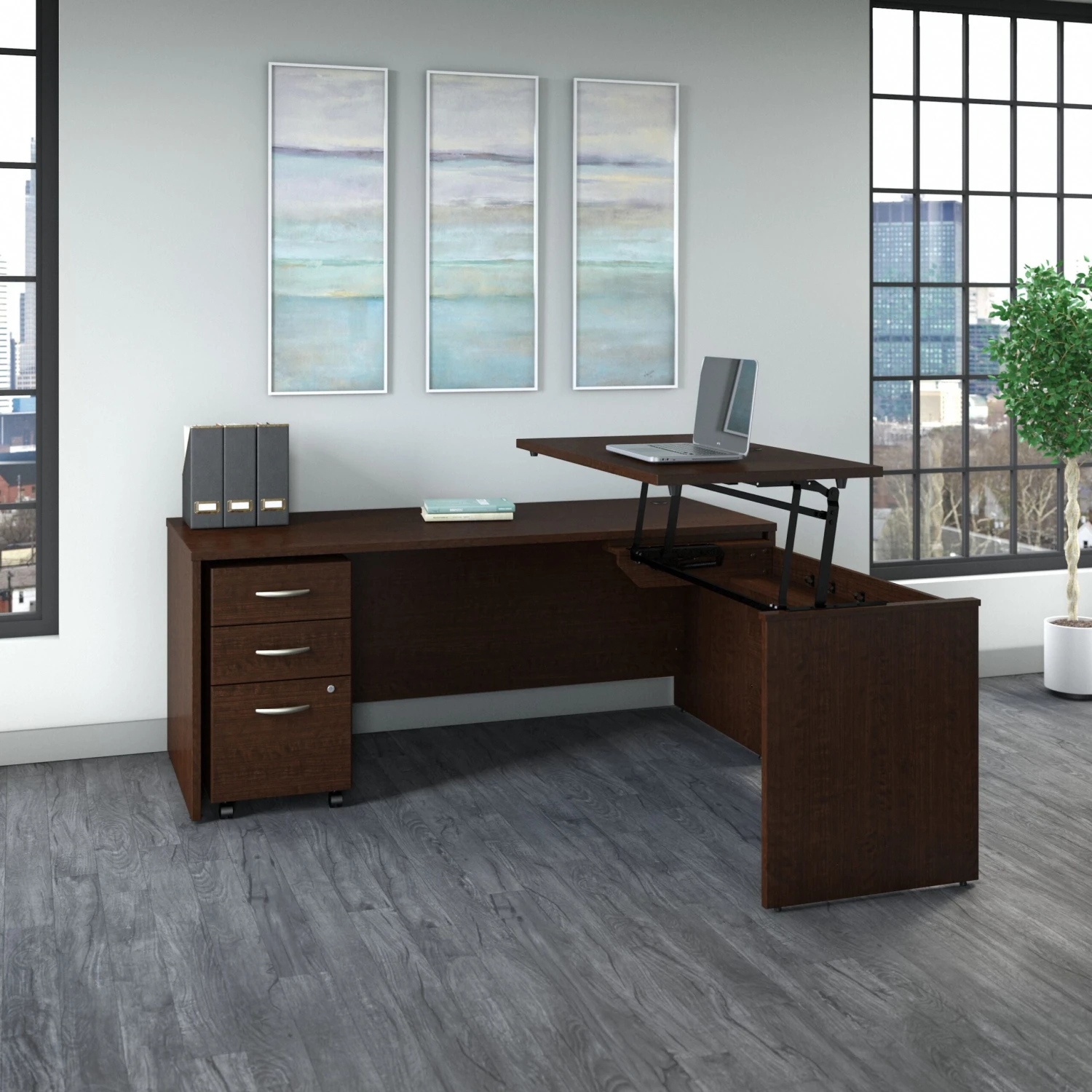 72" X 72" Mocha Cherry L-Shaped Desk With Sit-Stand Return And Mobile File 1 72" X 72" Mocha Cherry L-Shaped Desk With Sit-Stand Return And Mobile File