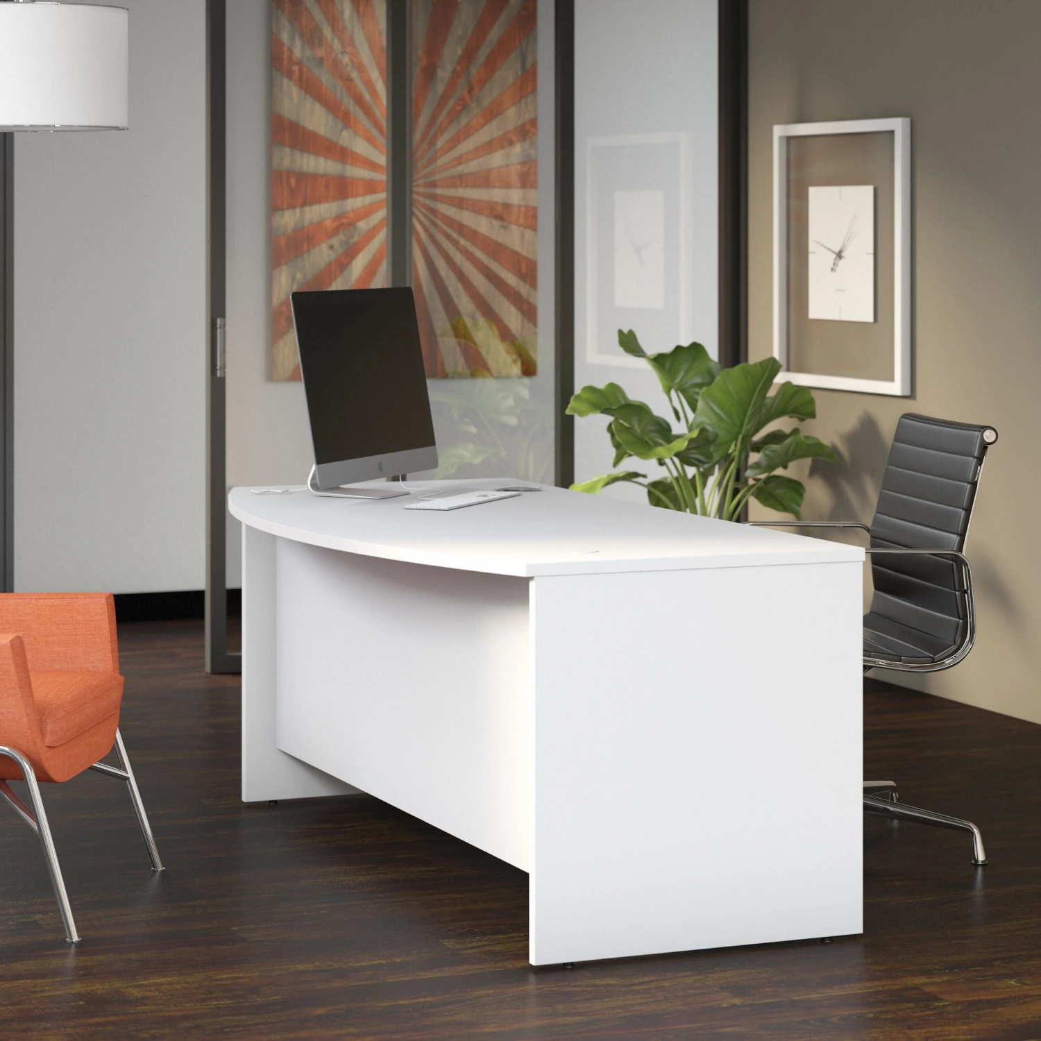 72" Modern Bow-Front Office Desk With Privacy Panel In White 1 72" Modern Bow-Front Office Desk With Privacy Panel In White
