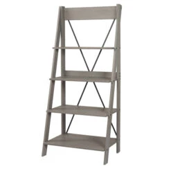 Walker Edison 68" Gray Woodgrain Solid Wood Ladder Bookshelf