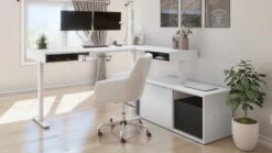 71" Programmable Desk In White And Black With Dual Monitor Arms And Credenza