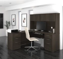 71" Dark Chocolate L-Shaped Double Pedestal Desk With Hutch