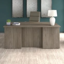 72" Modern Executive Breakfront Office Desk In Modern Hickory